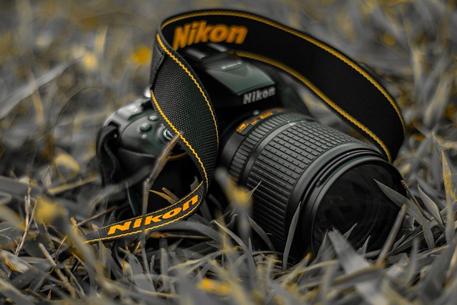 กล้อง Nikon DSLR วางบนพื้นหญ้าพร้อมสายคล้องแบรนด์ Nikon