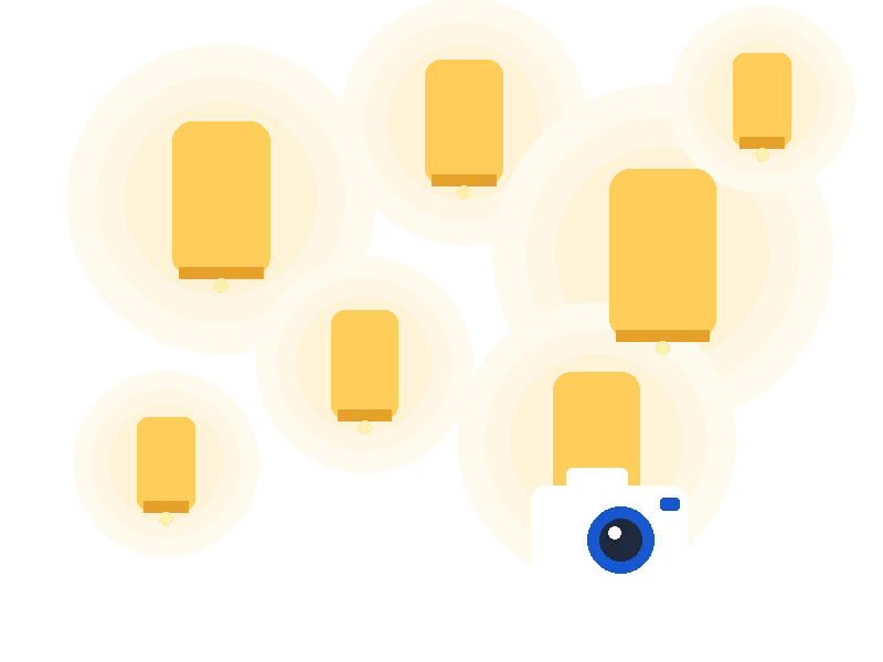 Illustration of floating lanterns at night with a camera